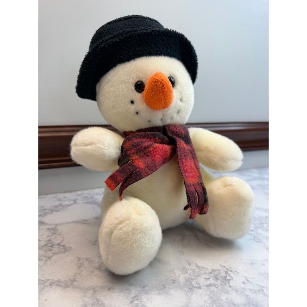 Build a Bear Holiday Pals Snowman Plush Black Top Hat Red Plaid Scarf 8.5 Inch - Picture 9 of 12
